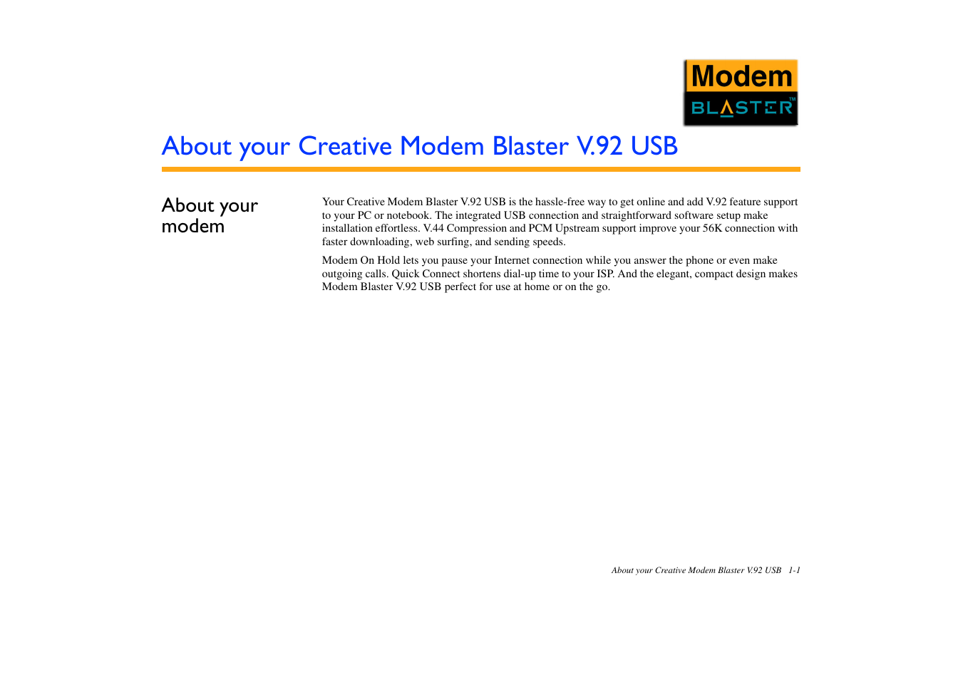 About your creative modem blaster v.92 usb, About your modem, About your modem -1 | CREATIVE Modem Blaster DE5773 User Manual | Page 8 / 38