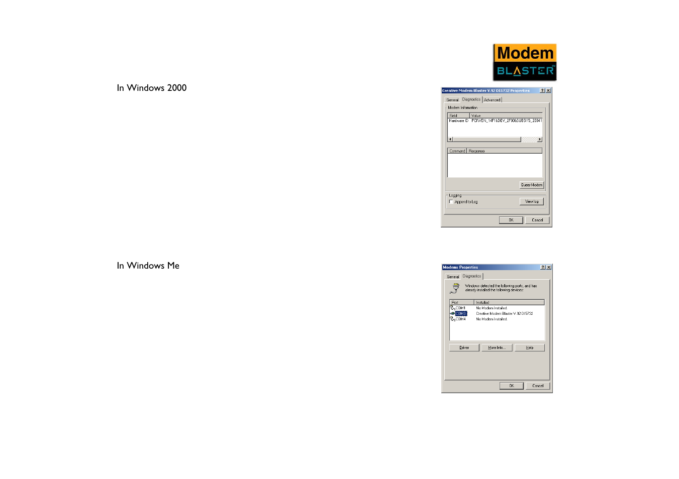 In windows 2000, In windows me, In windows 2000 -4 in windows me -4 | CREATIVE Modem Blaster V.92 PCI DI5732 User Manual | Page 23 / 46