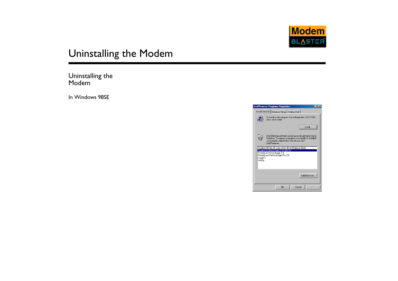 Uninstalling the modem, In windows 98se, Uninstalling the modem -2 | In windows 98se -2 | CREATIVE Modem Blaster V.92 PCI DI5732 User Manual | Page 26 / 46