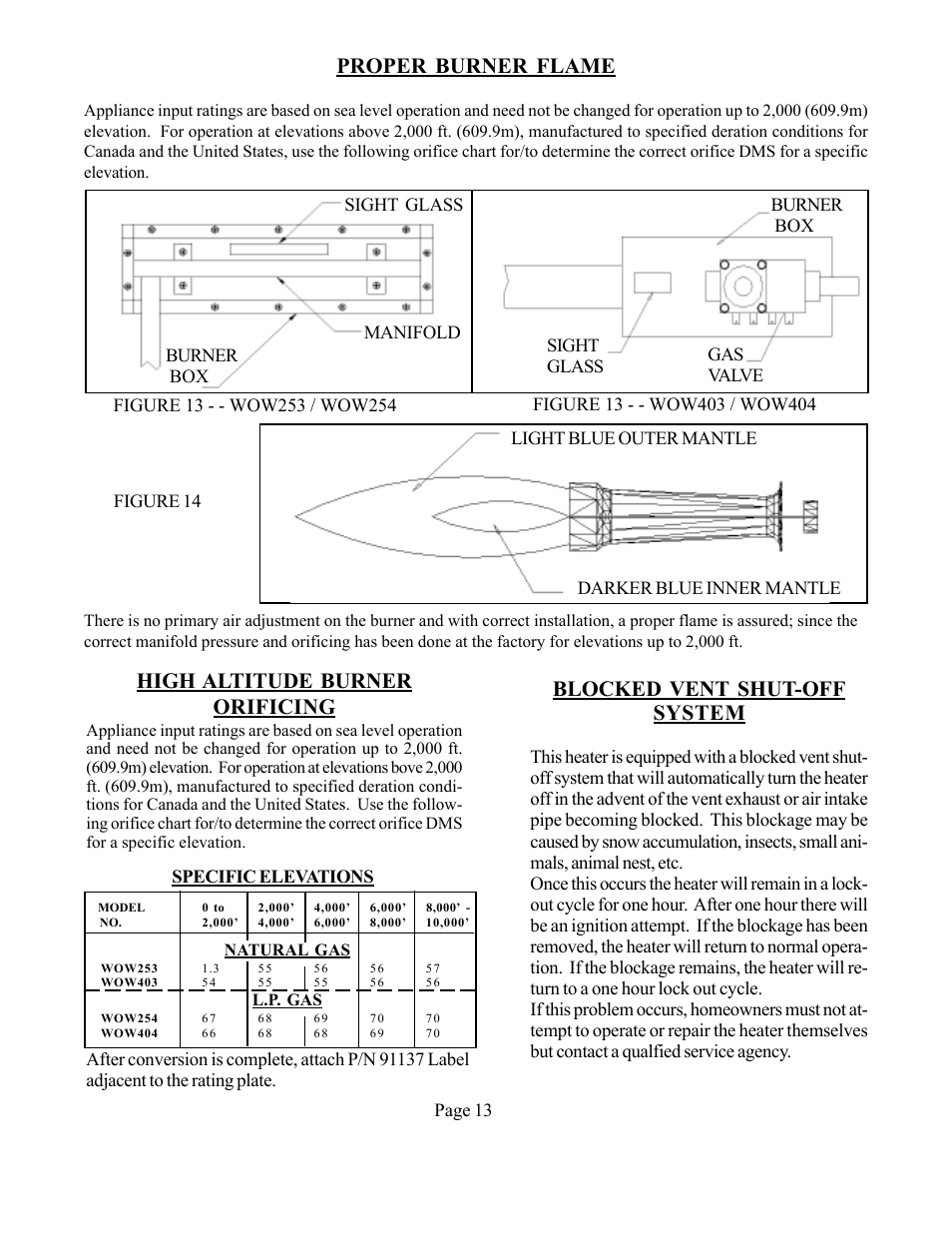 Proper burner flame, High altitude burner orificing, Blocked vent shut-off system | Louisville Tin and Stove WOW254 User Manual | Page 13 / 29