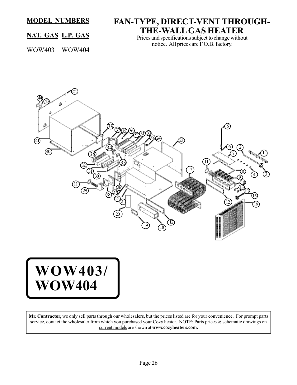 Fan-type, direct-vent through- the-wall gas heater | Louisville Tin and Stove WOW254 User Manual | Page 26 / 29