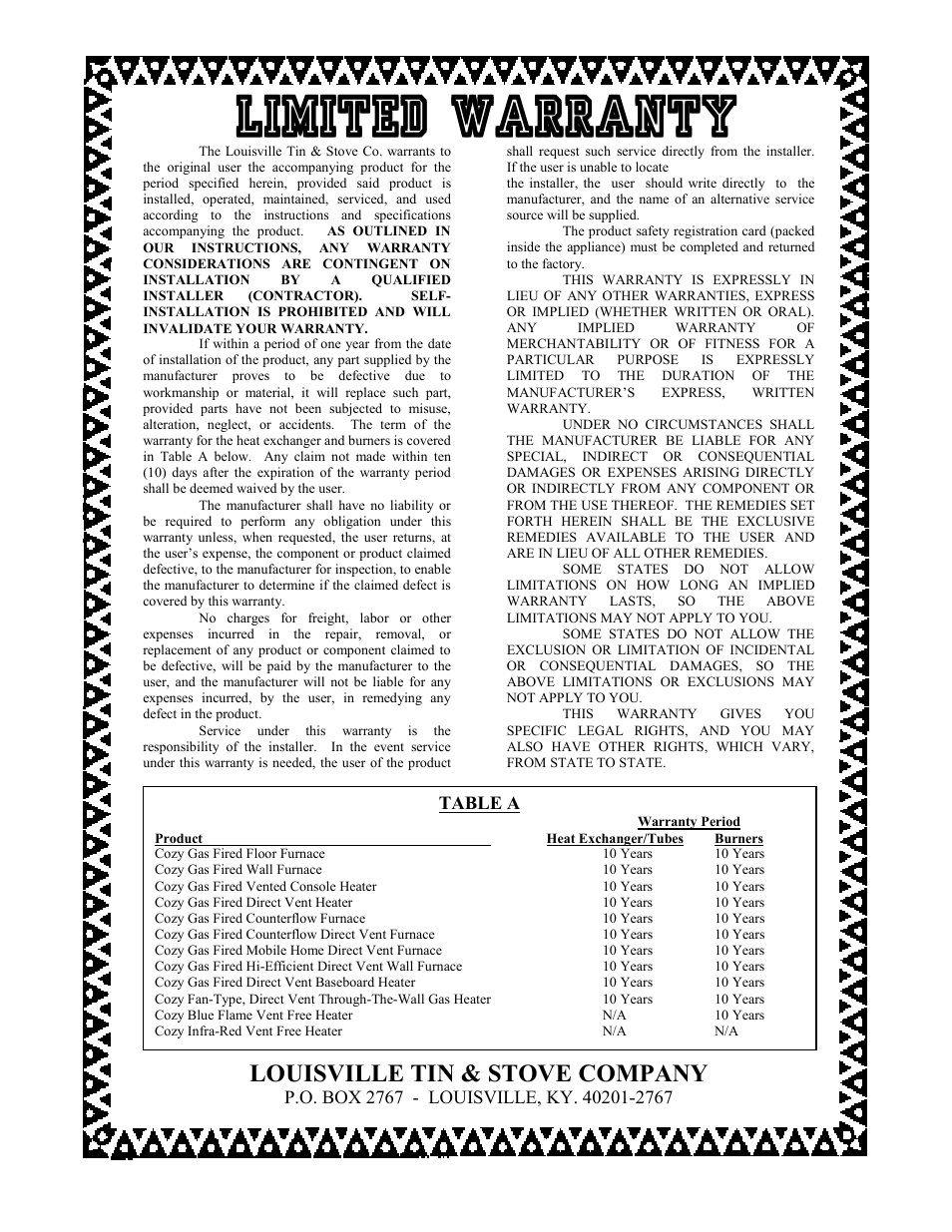 Limited warranty, Louisville tin & stove company | Louisville Tin and Stove WOW254 User Manual | Page 29 / 29
