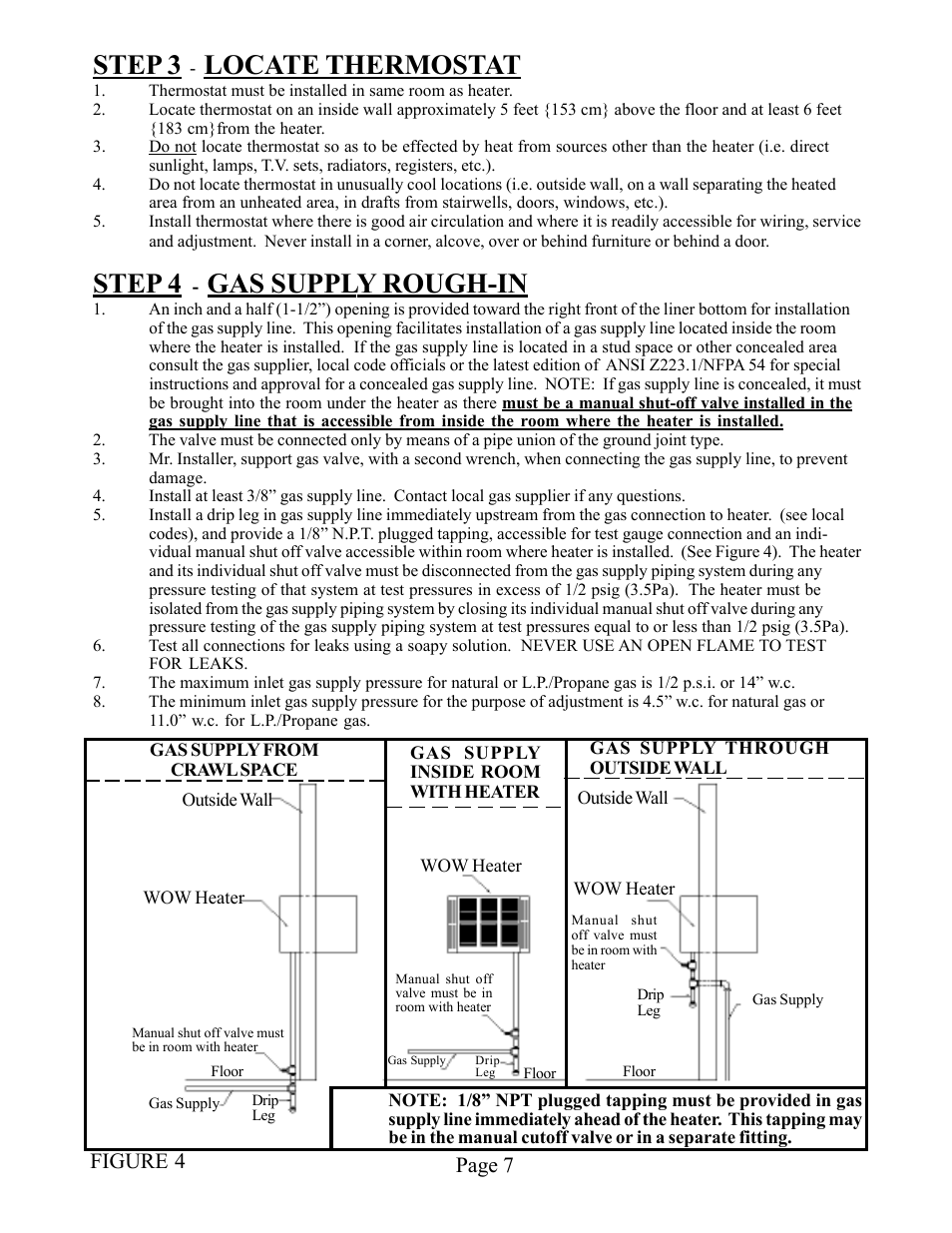 Step 3, Locate thermostat, Step 4 | Gas supply rough-in, Page 7, Figure 4 | Louisville Tin and Stove WOW254 User Manual | Page 7 / 29