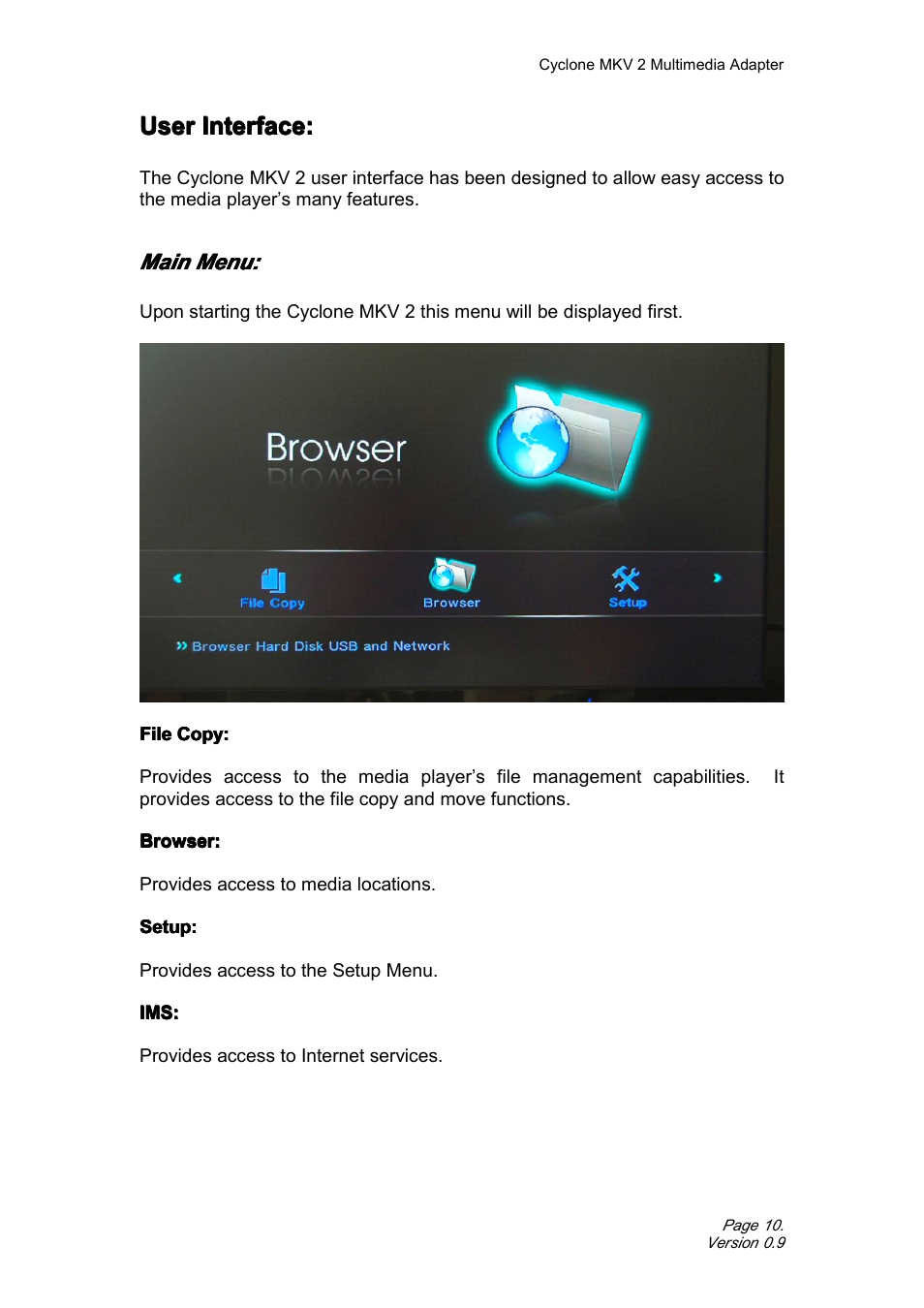 Userinterface, Mainmenu, User interface | Main menu, User | CyClone MKV 1080P User Manual | Page 10 / 44
