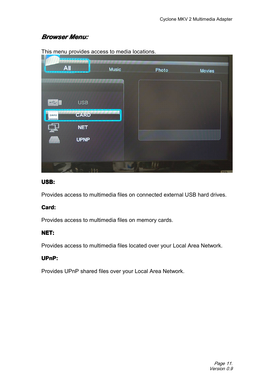 Browsermenu, Browser menu | CyClone MKV 1080P User Manual | Page 11 / 44