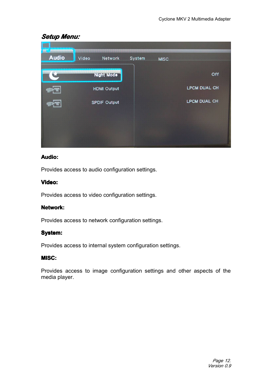 Setupmenu, Setup menu, Setup | Setup setup menu: menu: menu: menu | CyClone MKV 1080P User Manual | Page 12 / 44