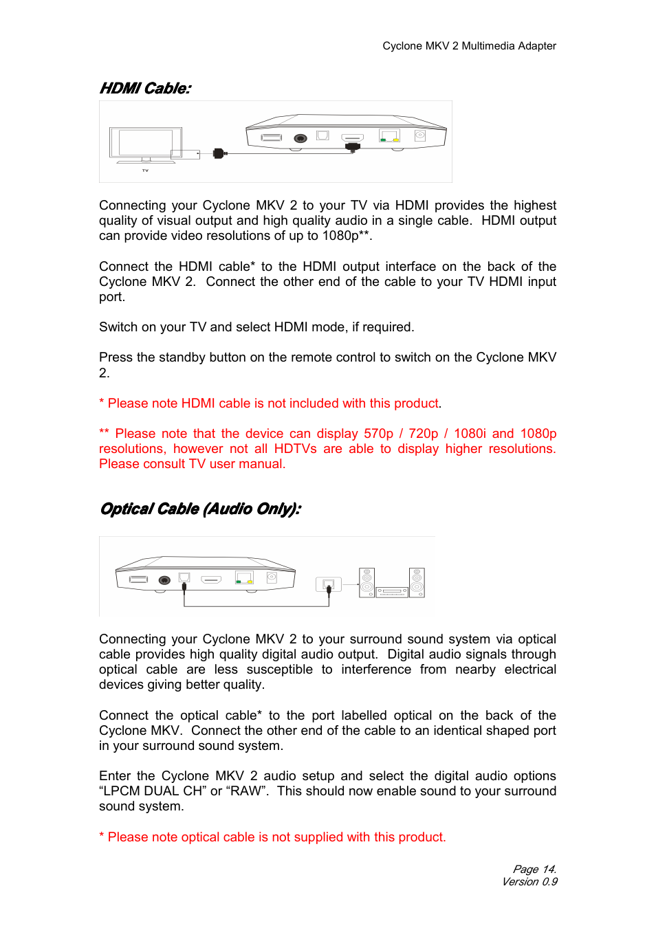 Hdmicable, Opticalcable(audioonly), Hdmi cable: optical cable (audio only) | CyClone MKV 1080P User Manual | Page 14 / 44