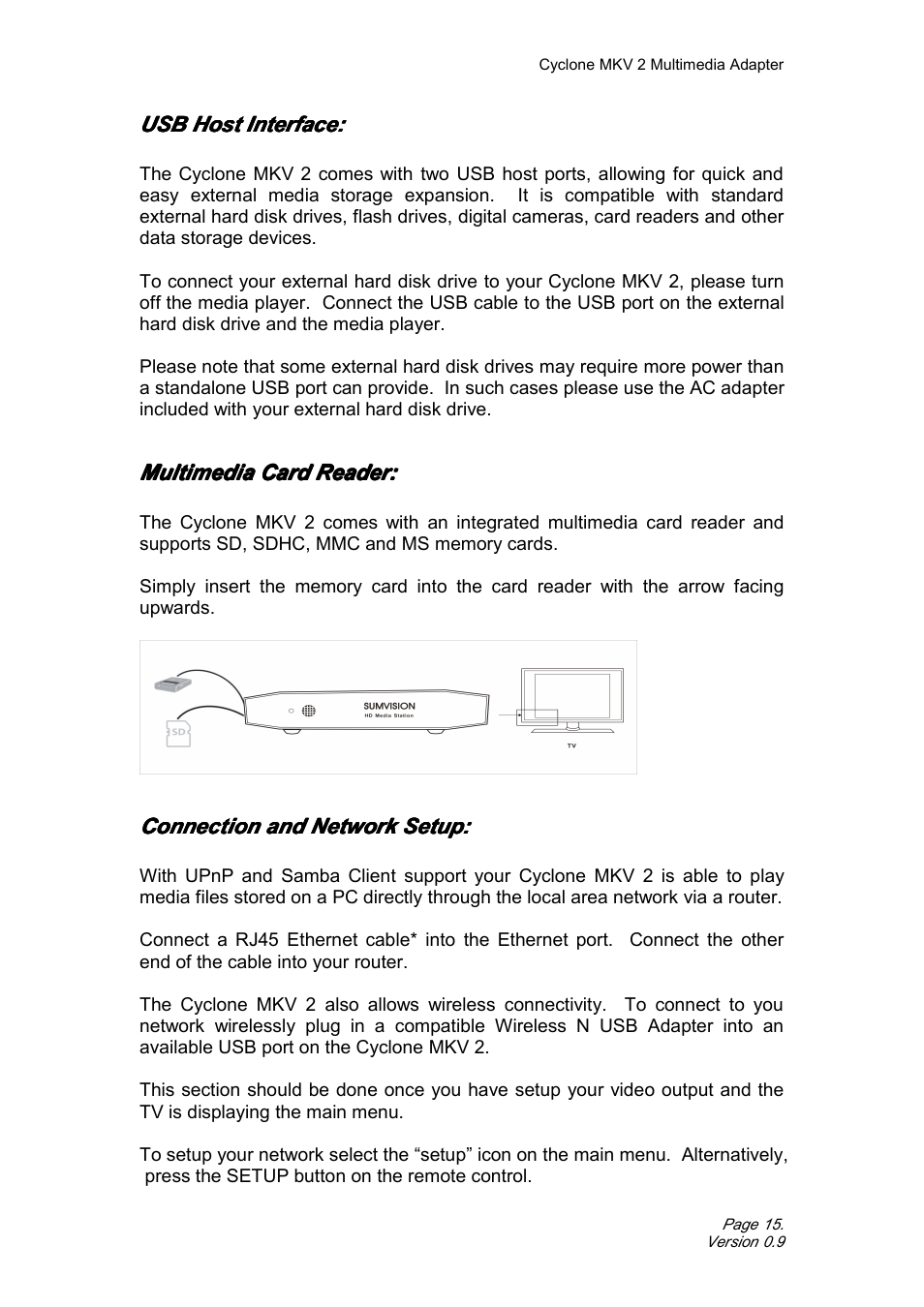 Usbhostinterface, Multimediacardreader, Connectionandnetworksetup | CyClone MKV 1080P User Manual | Page 15 / 44