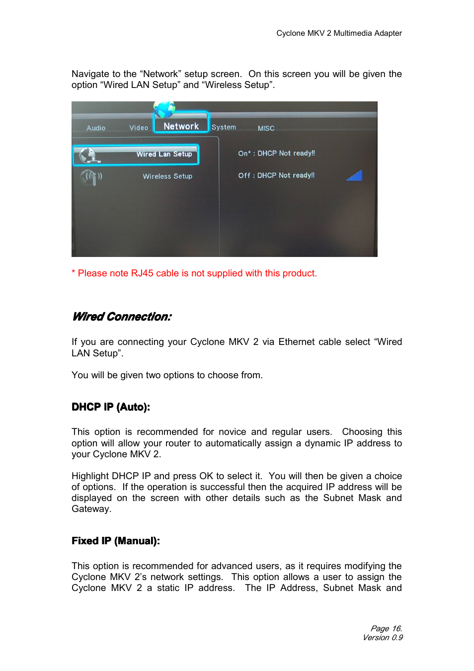 Wiredconnection, Dhcpip(auto), Fixedip(manual) | Wired connection, Dhcp ip (auto): fixed ip (manual) | CyClone MKV 1080P User Manual | Page 16 / 44
