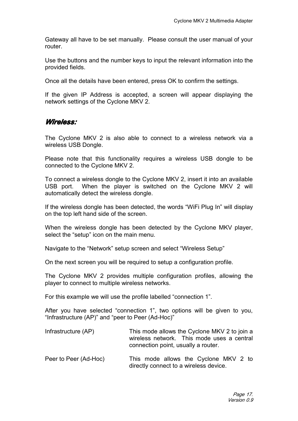 Wireless | CyClone MKV 1080P User Manual | Page 17 / 44