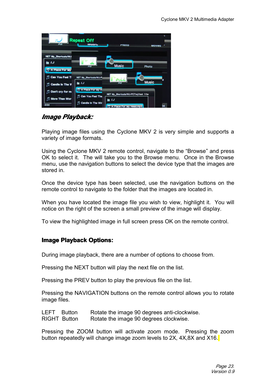 Imageplayback, Imageplaybackoptions, Image playback | Image playback options | CyClone MKV 1080P User Manual | Page 23 / 44