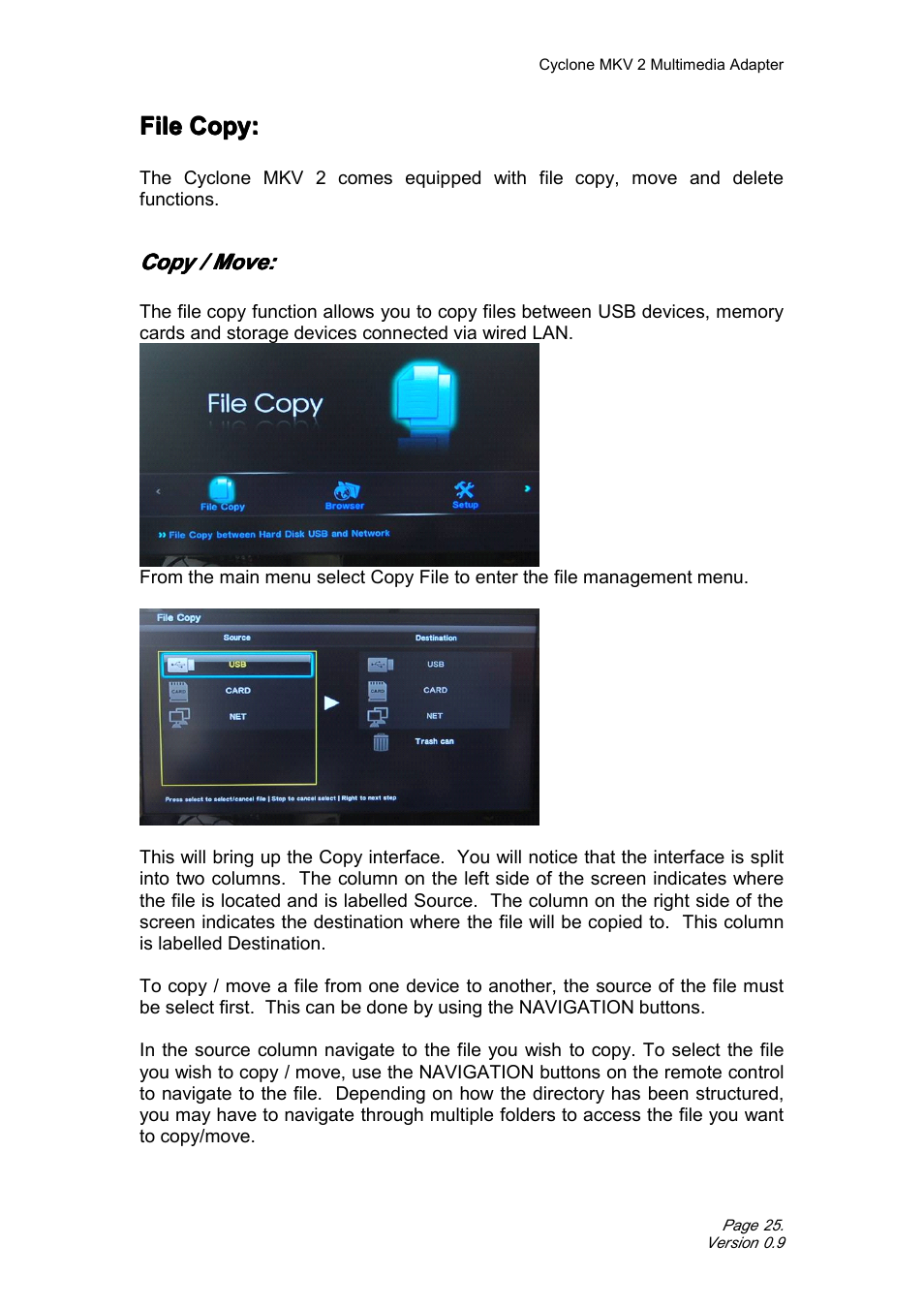 Filecopy, Copy/move, File copy | Copy / move | CyClone MKV 1080P User Manual | Page 25 / 44