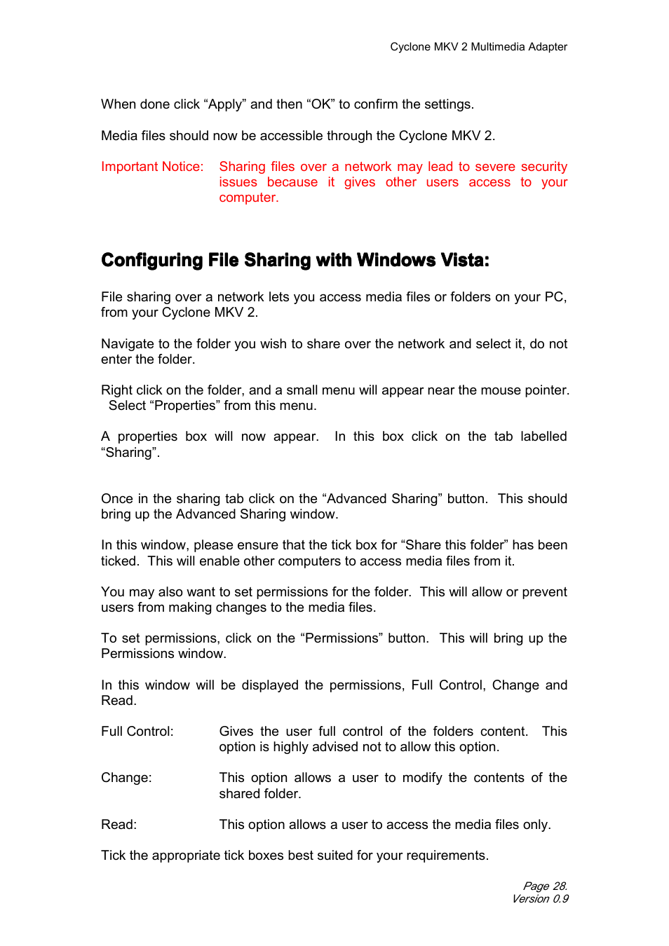 Configuringfilesharingwithwindowsvista, Configuring file sharing with windows vista, Configuring | CyClone MKV 1080P User Manual | Page 28 / 44