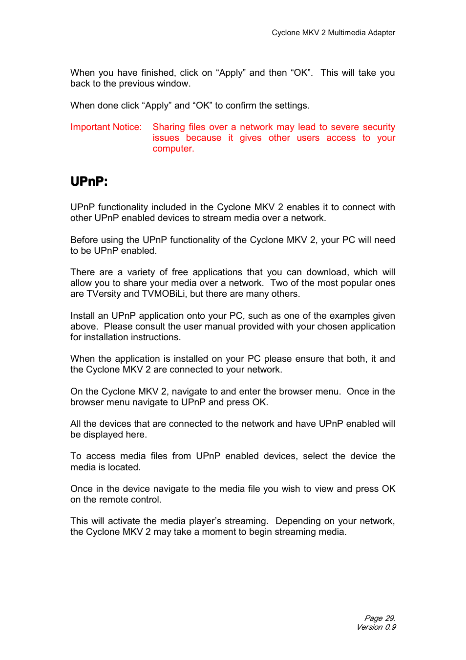Upnp | CyClone MKV 1080P User Manual | Page 29 / 44