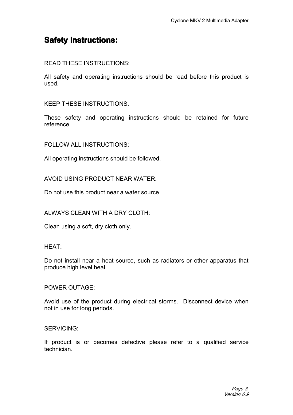 Safetyinstructions, Safety instructions, Safety | CyClone MKV 1080P User Manual | Page 3 / 44