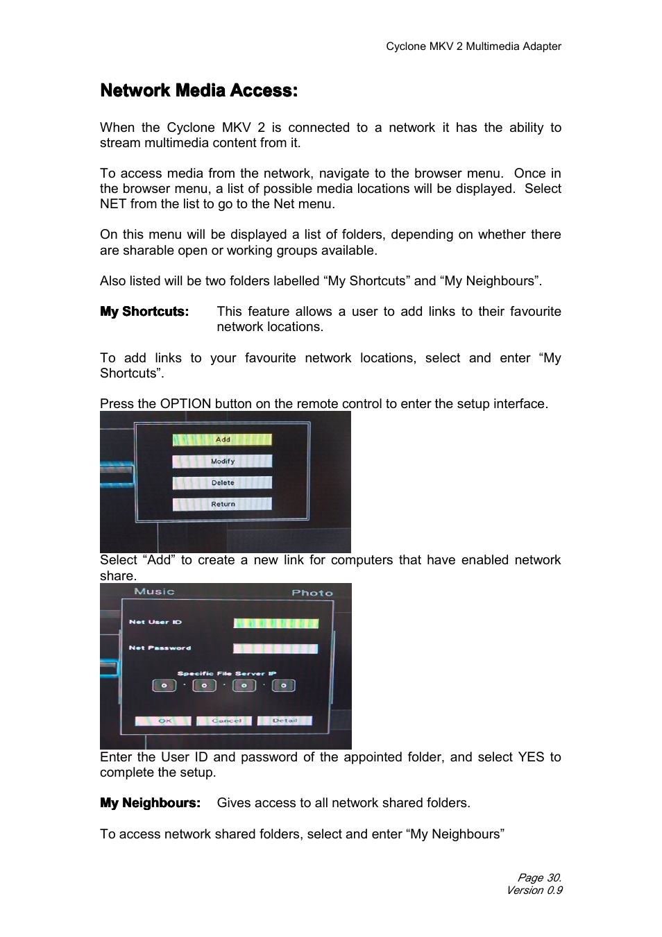 Networkmediaaccess, Network media access, Network | CyClone MKV 1080P User Manual | Page 30 / 44