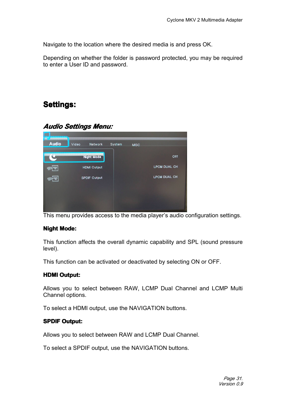 Settings, Audiosettingsmenu, Audio settings menu | CyClone MKV 1080P User Manual | Page 31 / 44