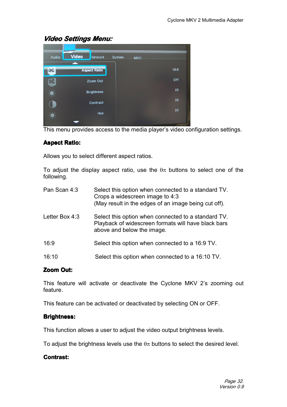 Videosettingsmenu, Video settings menu | CyClone MKV 1080P User Manual | Page 32 / 44