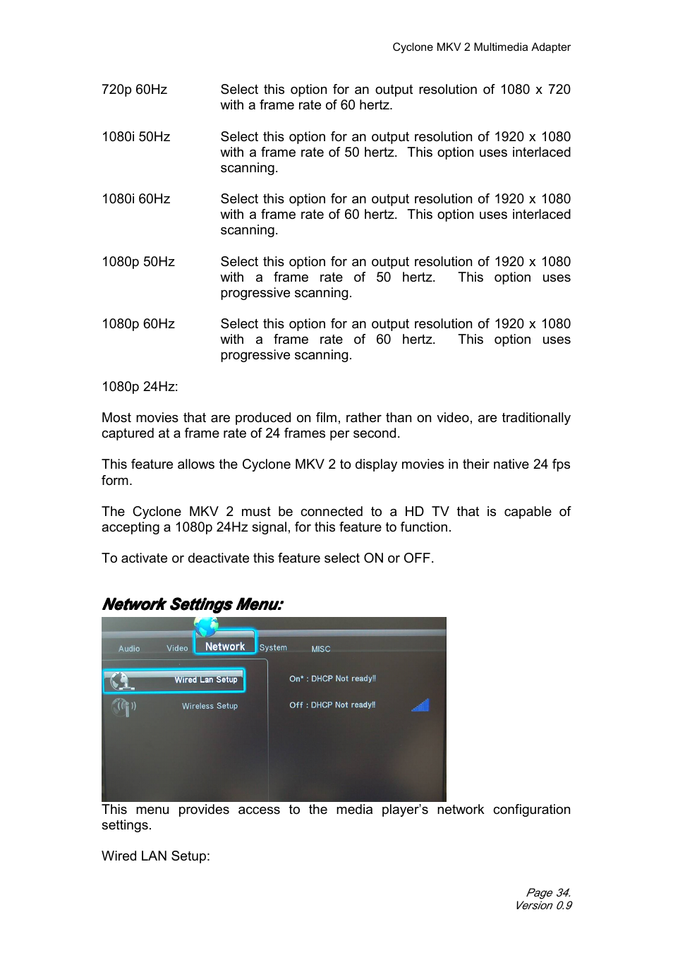 Networksettingsmenu, Network settings menu | CyClone MKV 1080P User Manual | Page 34 / 44