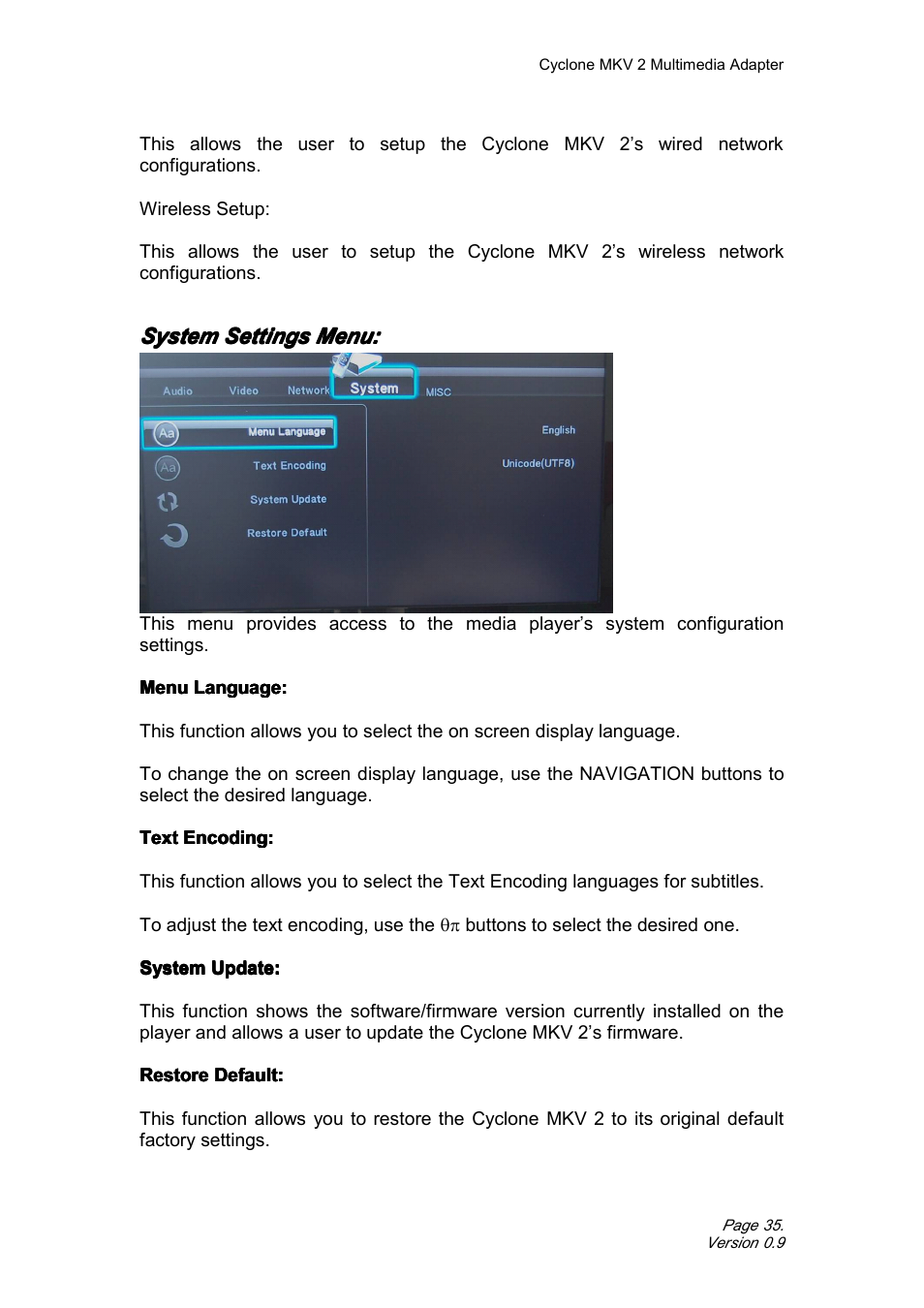 Systemsettingsmenu, System settings menu | CyClone MKV 1080P User Manual | Page 35 / 44
