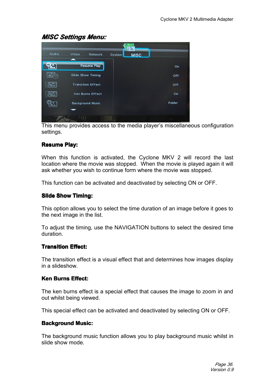Miscsettingsmenu, Misc settings menu, Misc | CyClone MKV 1080P User Manual | Page 36 / 44