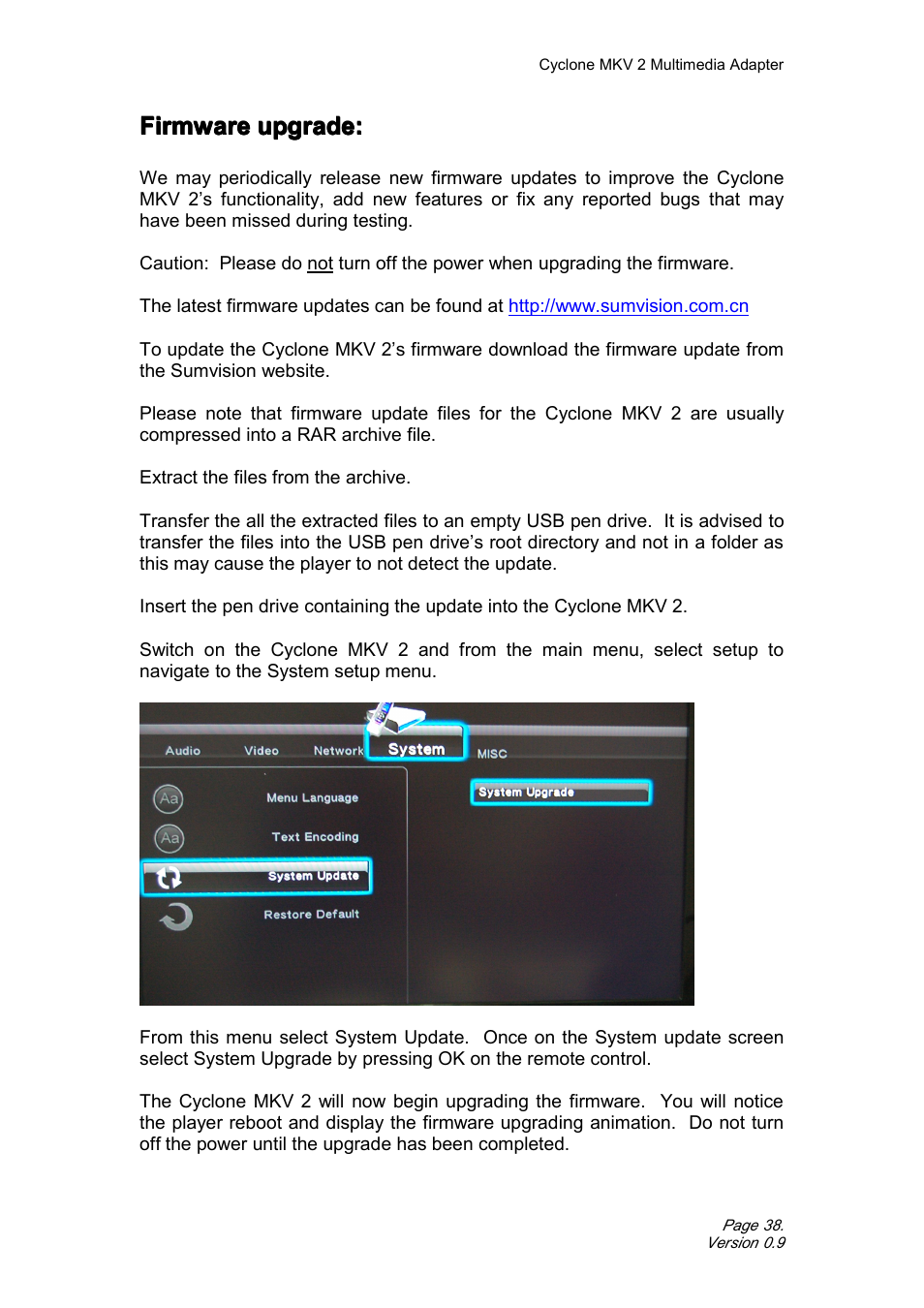 Firmwareupgrade, Firmware upgrade, Firmware | CyClone MKV 1080P User Manual | Page 38 / 44