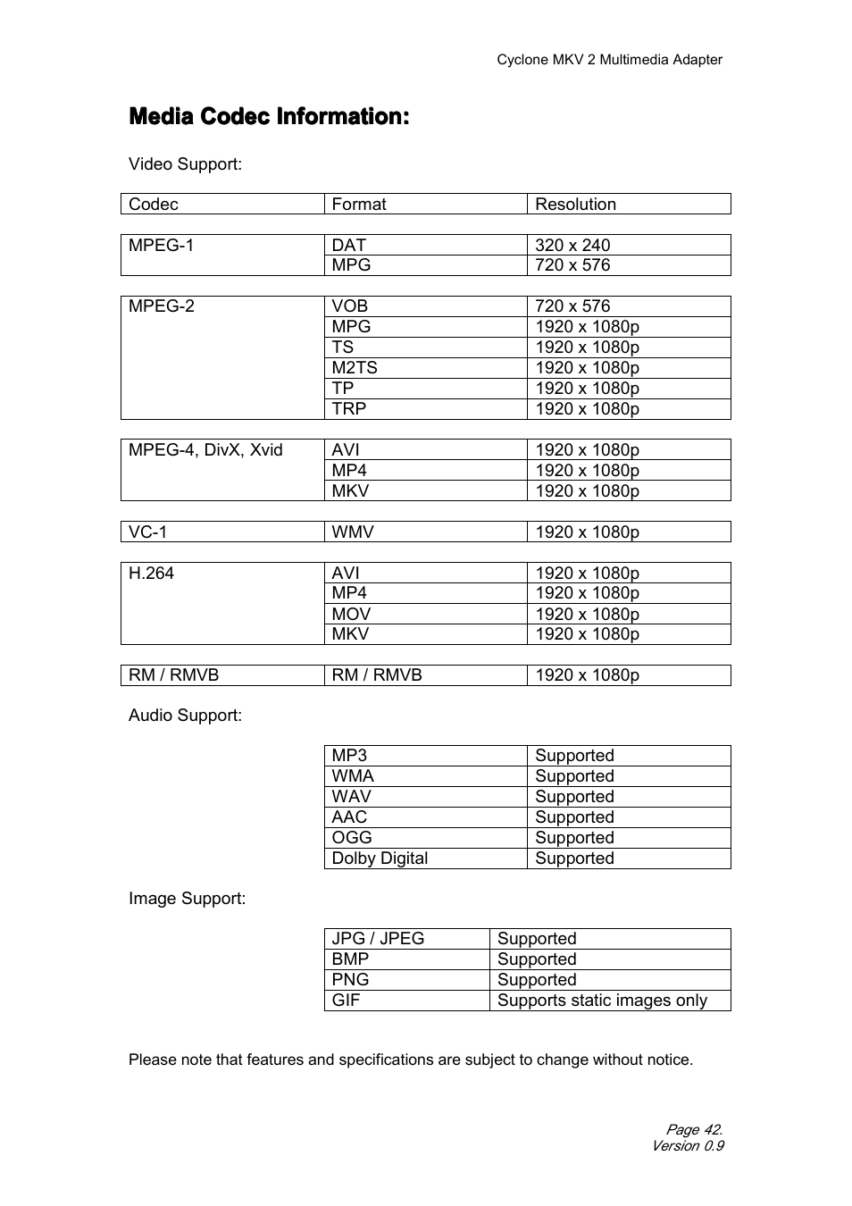 Mediacodecinformation, Media codec information, Media | CyClone MKV 1080P User Manual | Page 42 / 44