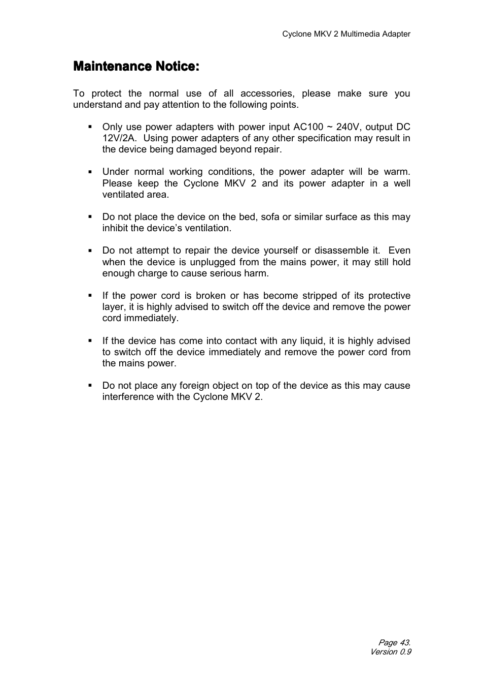 Maintenancenotice, Maintenance notice, Maintenance | CyClone MKV 1080P User Manual | Page 43 / 44