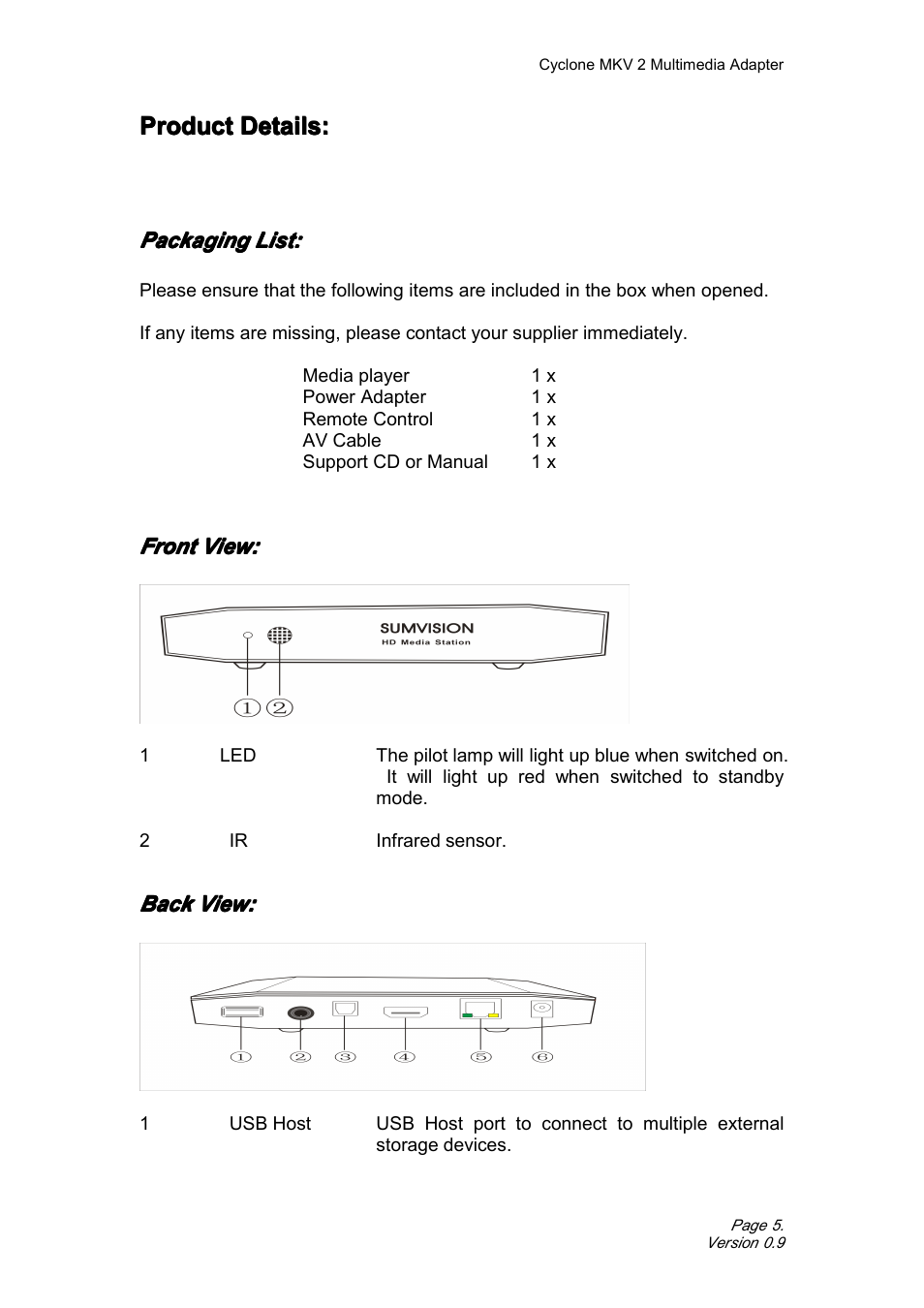 Productdetails, Packaginglist, Frontview | Backview, Product details, Packaging list: front view: back view, Product, Product product details: details: details: details | CyClone MKV 1080P User Manual | Page 5 / 44