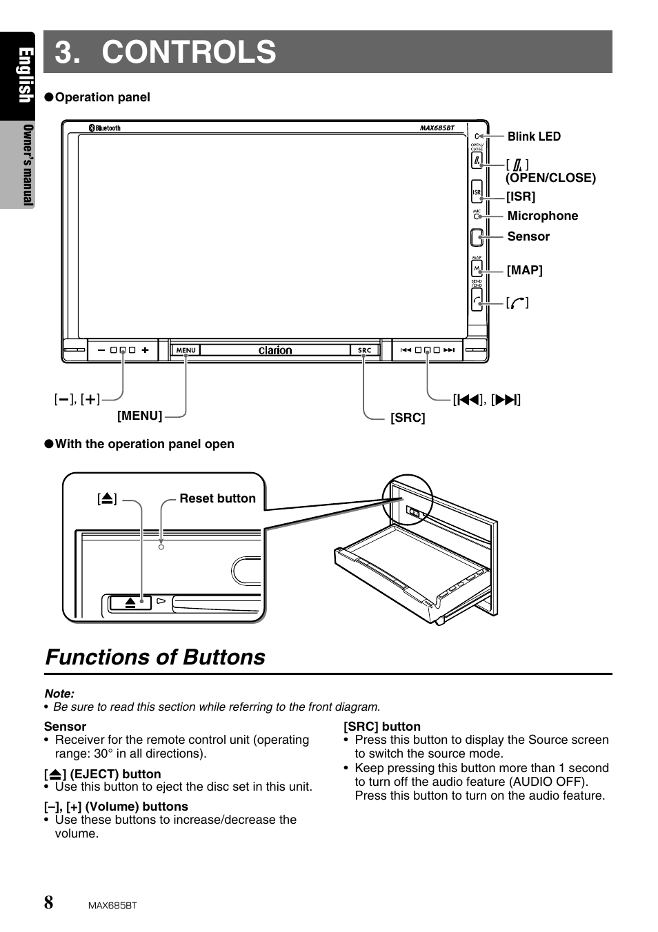 Controls, Functions of buttons, English | Clarion MAX685BT User Manual | Page 10 / 83