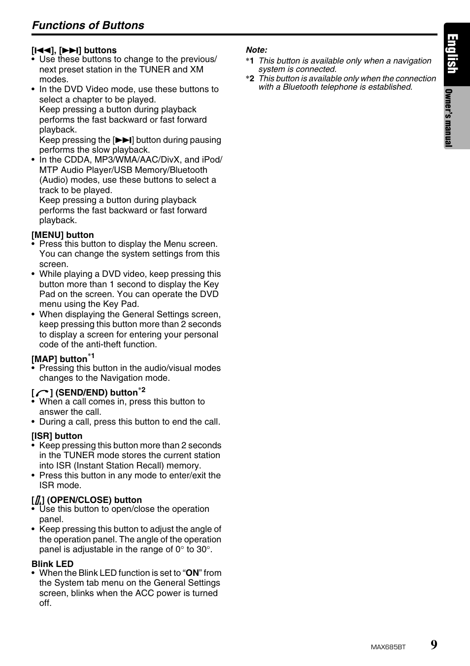 English, Functions of buttons | Clarion MAX685BT User Manual | Page 11 / 83