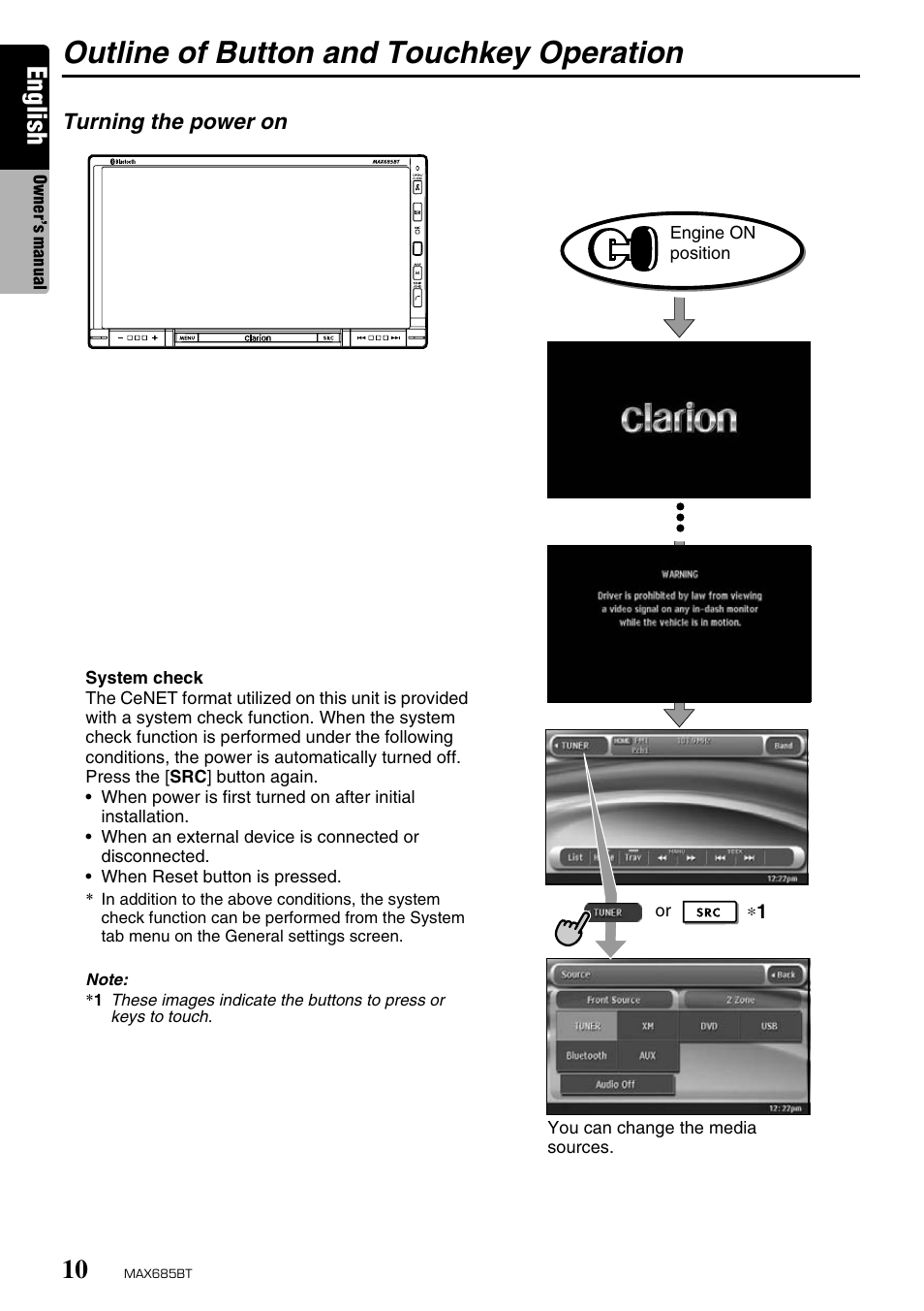 Outline of button and touchkey operation, English | Clarion MAX685BT User Manual | Page 12 / 83