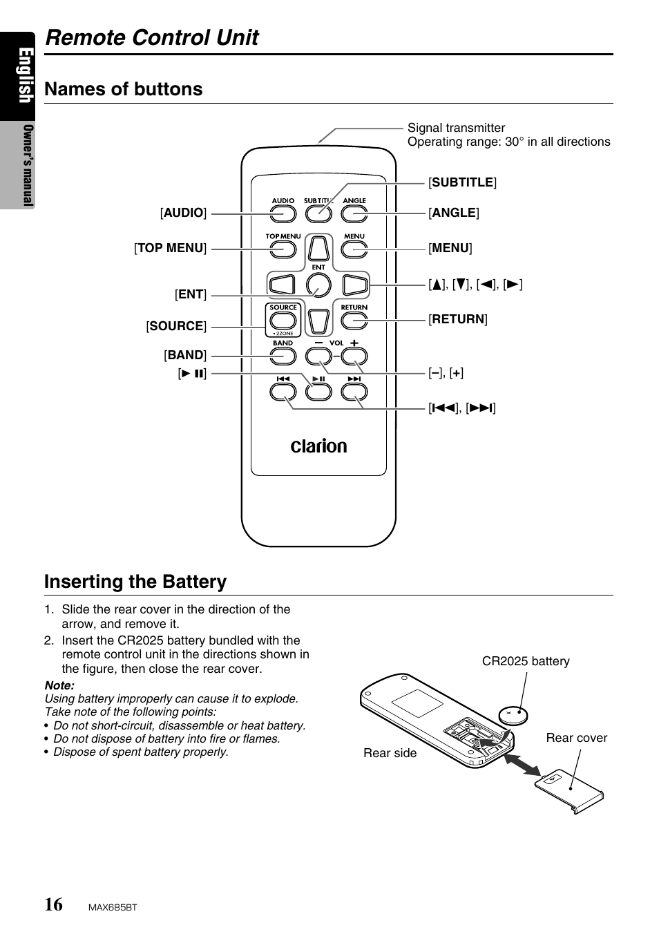 Remote control unit, English, Names of buttons inserting the battery | Clarion MAX685BT User Manual | Page 18 / 83