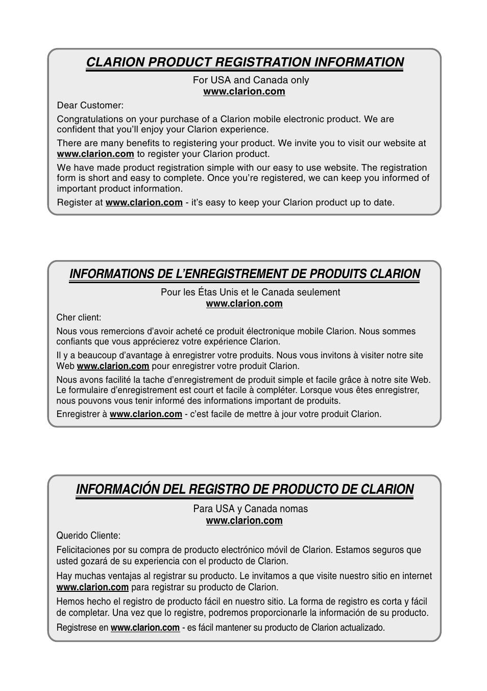 Información del registro de producto de clarion, Clarion product registration information | Clarion MAX685BT User Manual | Page 2 / 83