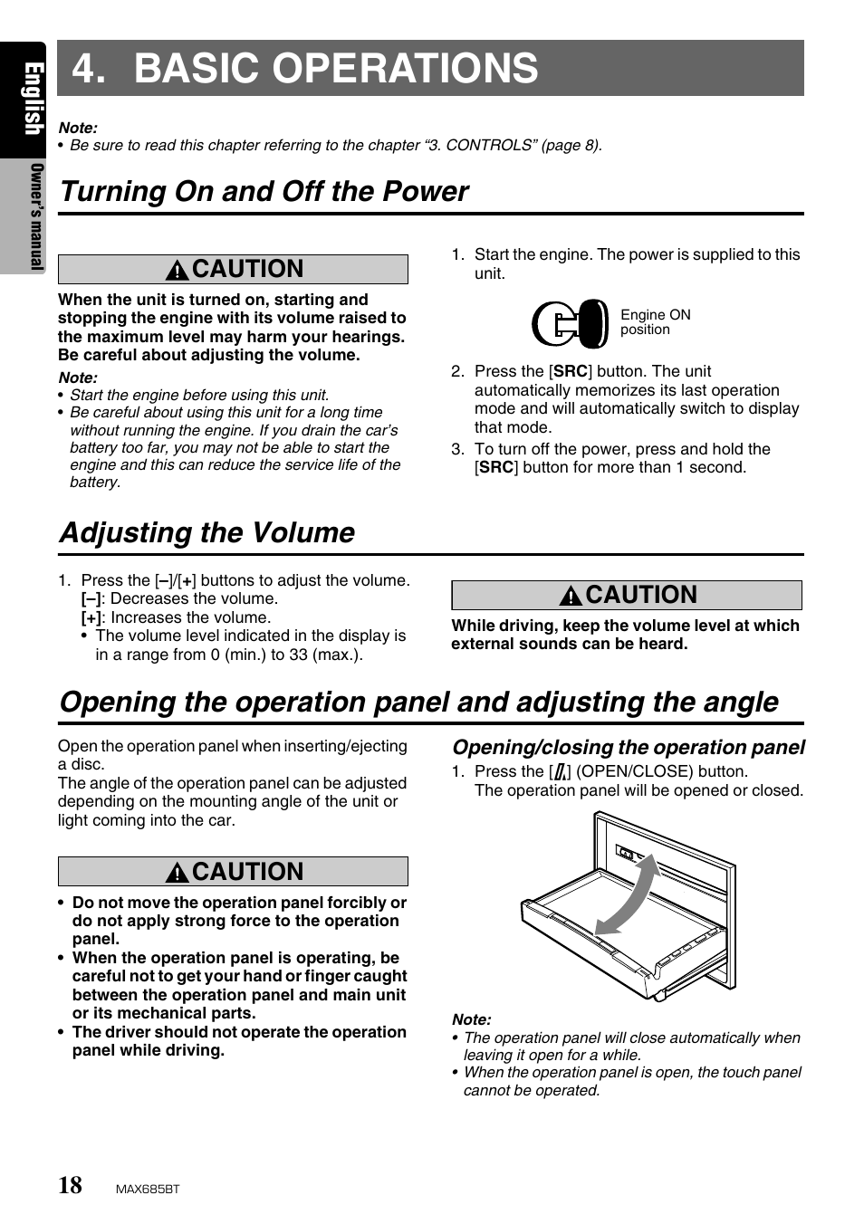 Basic operations, Turning on and off the power, Adjusting the volume | English, Caution | Clarion MAX685BT User Manual | Page 20 / 83