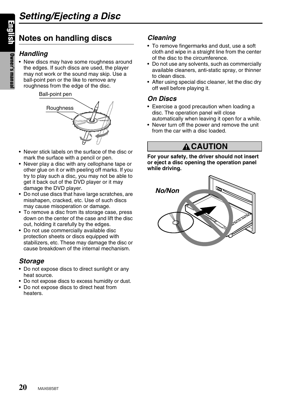 Setting/ejecting a disc, English, Caution | Clarion MAX685BT User Manual | Page 22 / 83