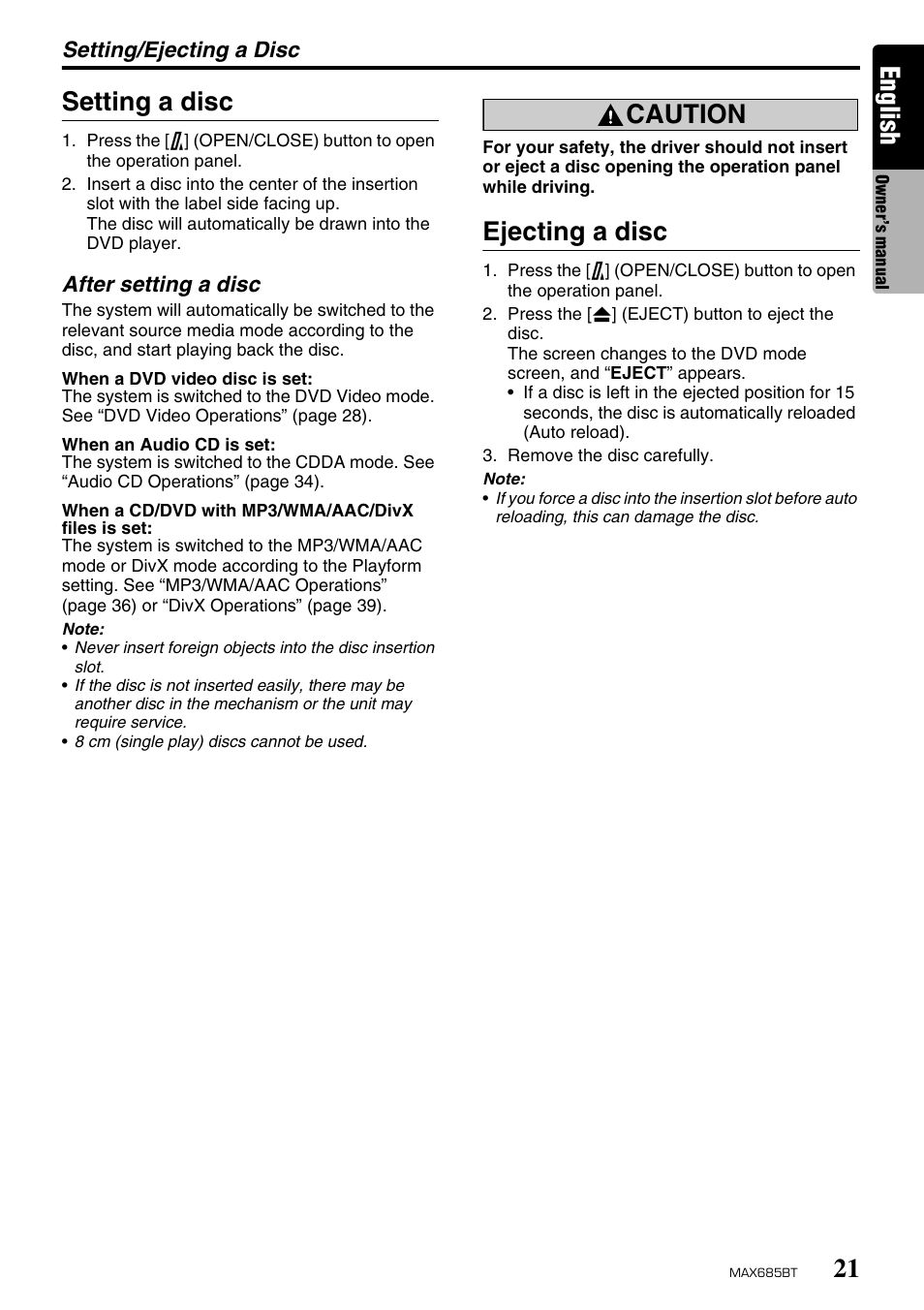 English, Setting a disc, Caution | Ejecting a disc | Clarion MAX685BT User Manual | Page 23 / 83