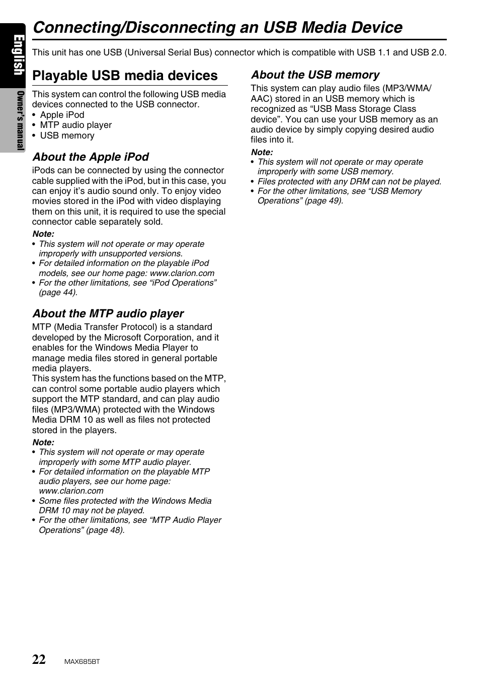 Connecting/disconnecting an usb media device, English, Playable usb media devices | Clarion MAX685BT User Manual | Page 24 / 83