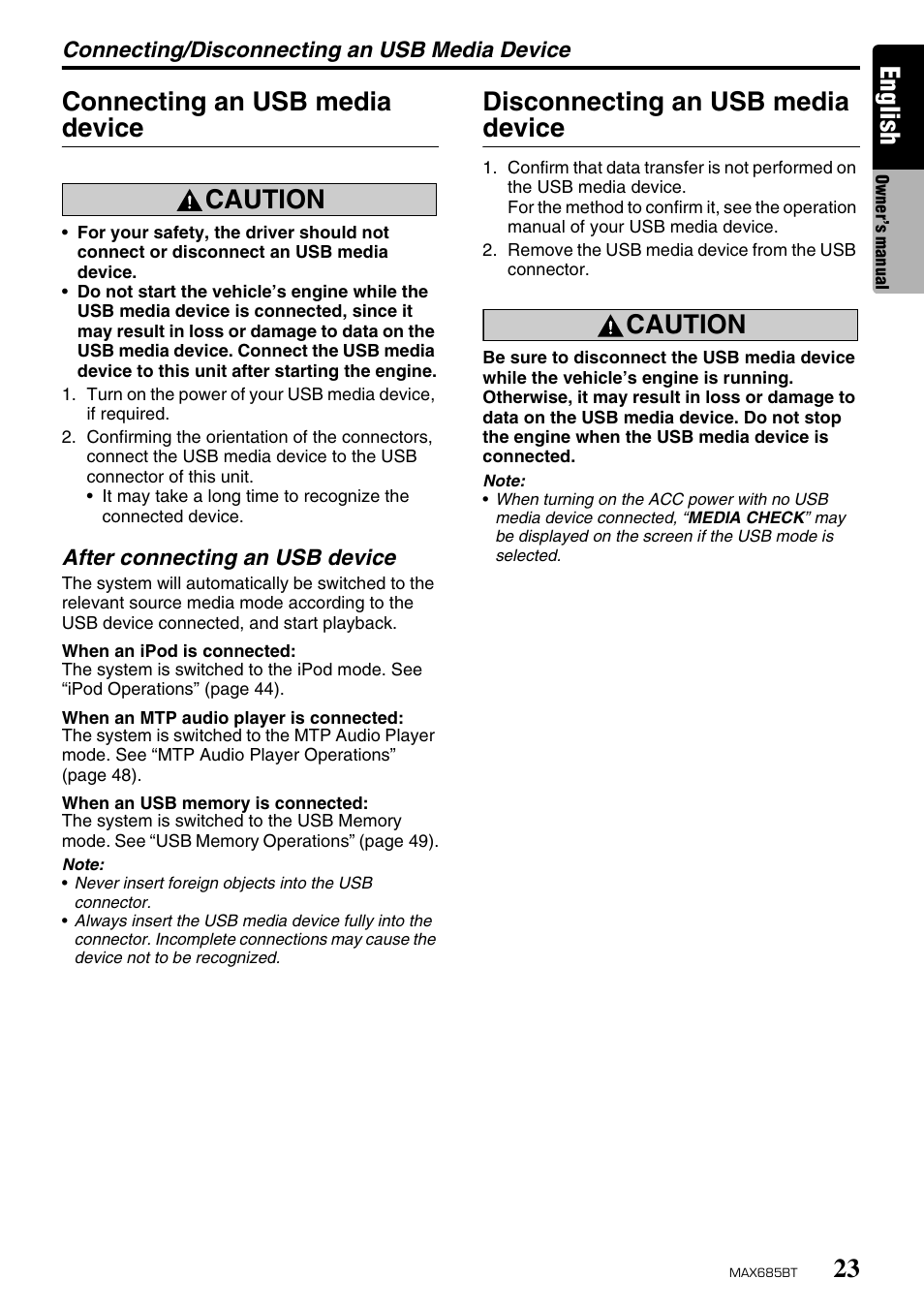 English, Connecting an usb media device caution, Disconnecting an usb media device | Caution | Clarion MAX685BT User Manual | Page 25 / 83