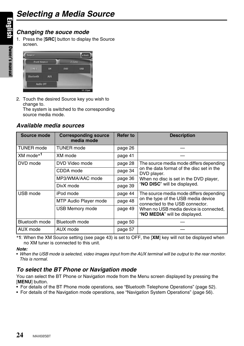 Selecting a media source, English, Changing the souce mode | Available media sources | Clarion MAX685BT User Manual | Page 26 / 83