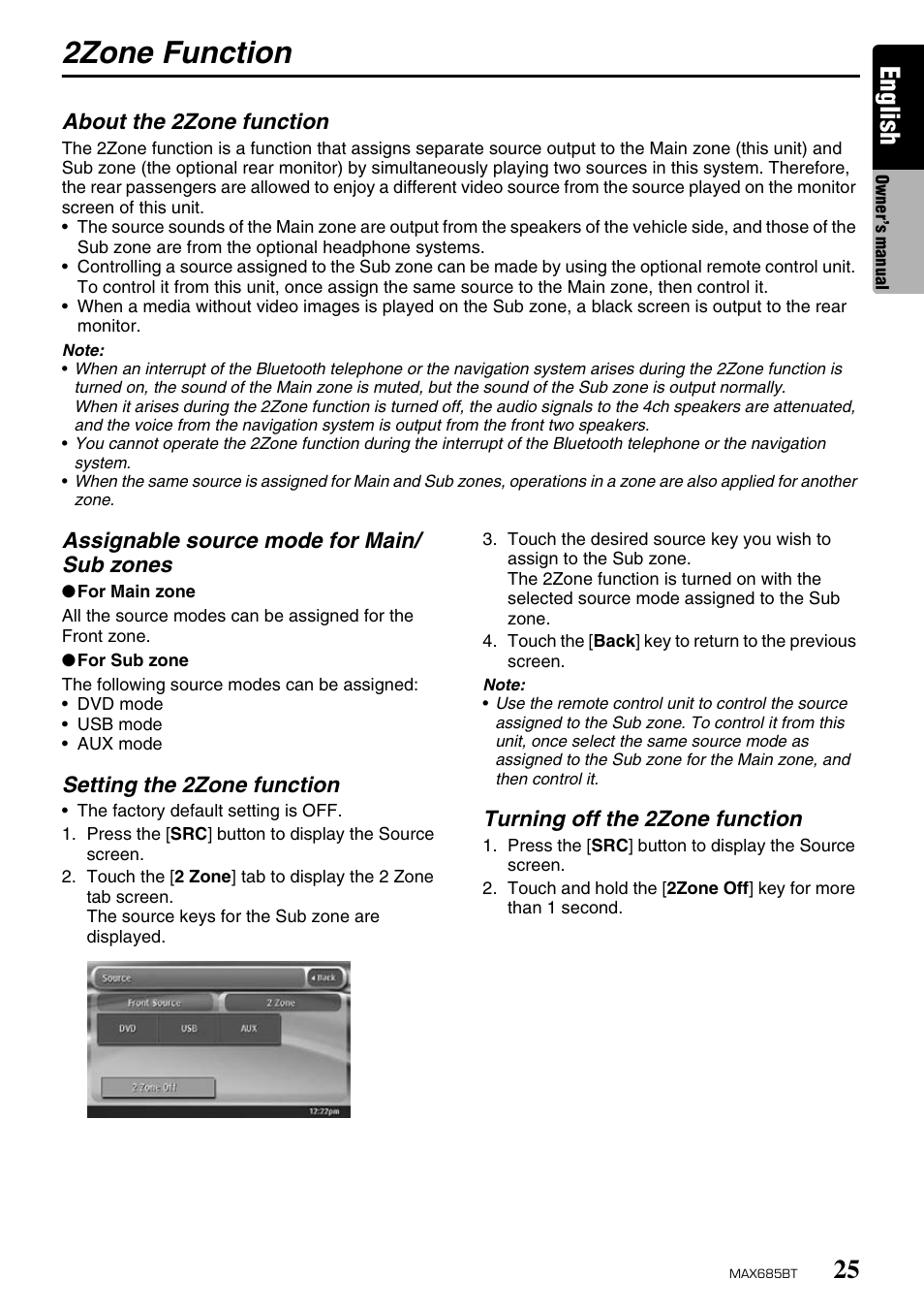 2zone function, English | Clarion MAX685BT User Manual | Page 27 / 83