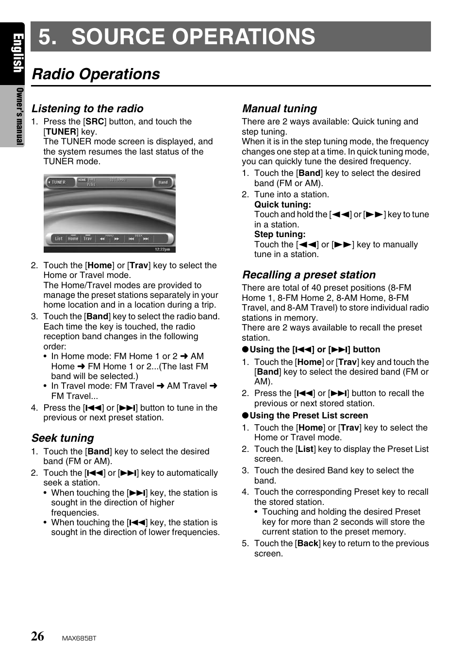 Source operations, Radio operations, English | Clarion MAX685BT User Manual | Page 28 / 83