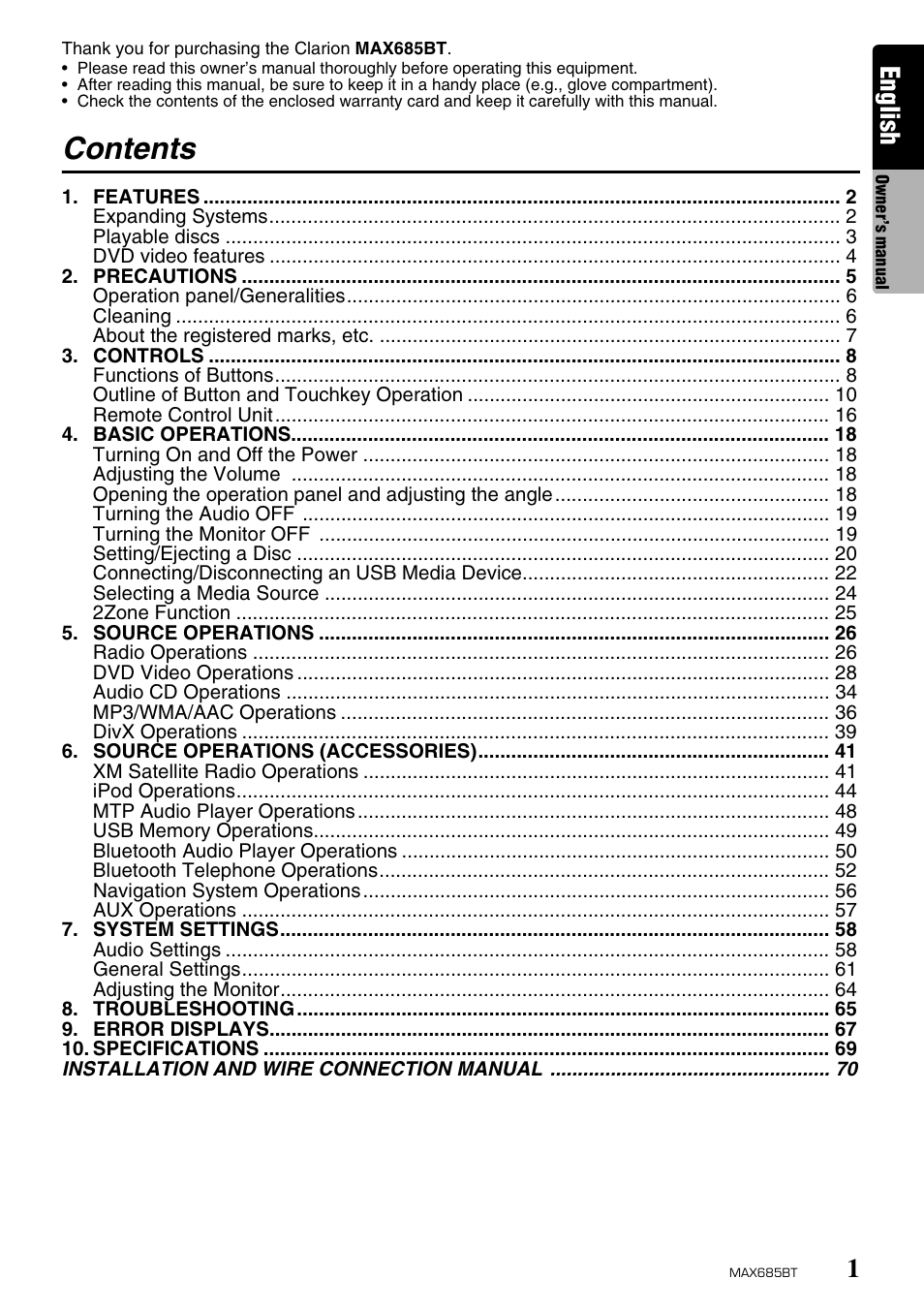 Clarion MAX685BT User Manual | Page 3 / 83