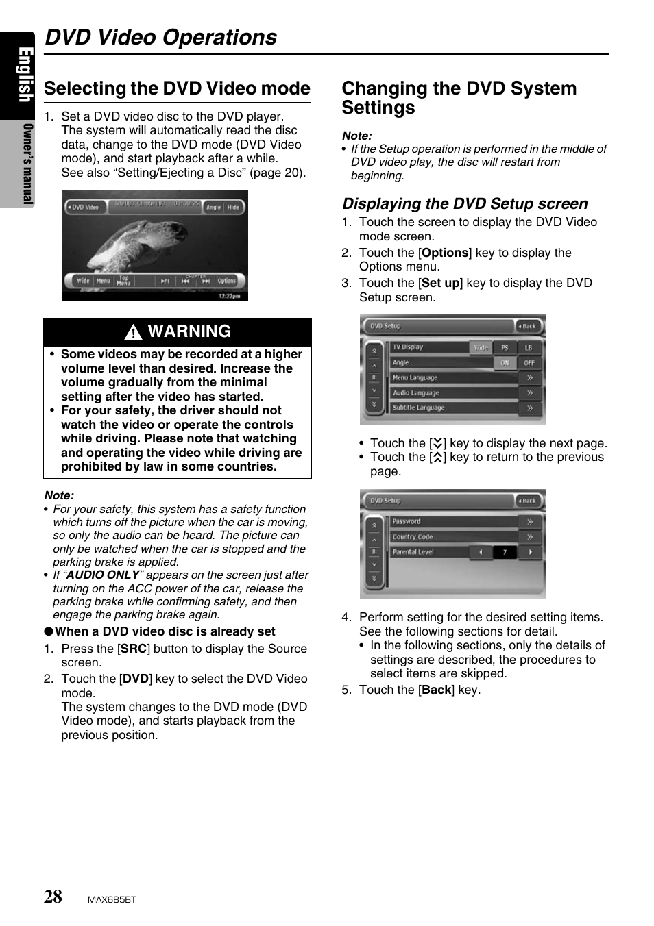 Dvd video operations, English, Selecting the dvd video mode | Changing the dvd system settings, Warning | Clarion MAX685BT User Manual | Page 30 / 83