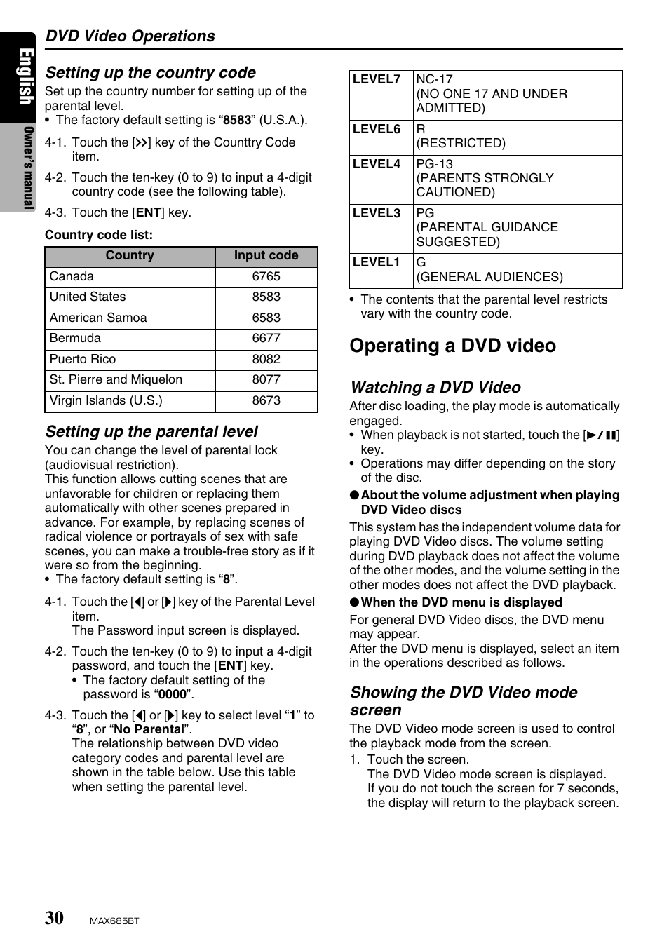 English, Operating a dvd video | Clarion MAX685BT User Manual | Page 32 / 83