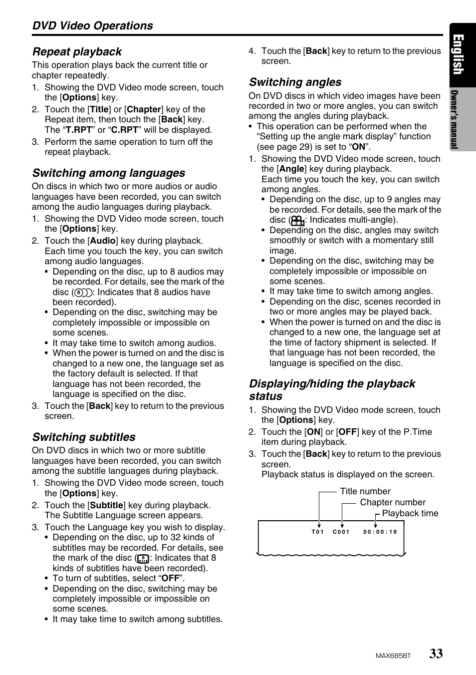 English, Dvd video operations, Repeat playback | Switching among languages, Switching subtitles, Switching angles, Displaying/hiding the playback status | Clarion MAX685BT User Manual | Page 35 / 83