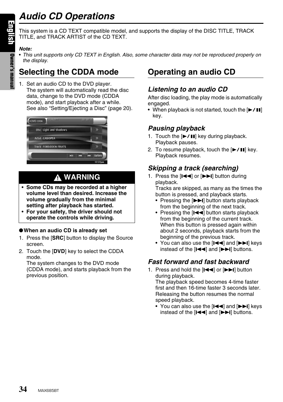 Audio cd operations, English, Selecting the cdda mode | Operating an audio cd, Warning | Clarion MAX685BT User Manual | Page 36 / 83