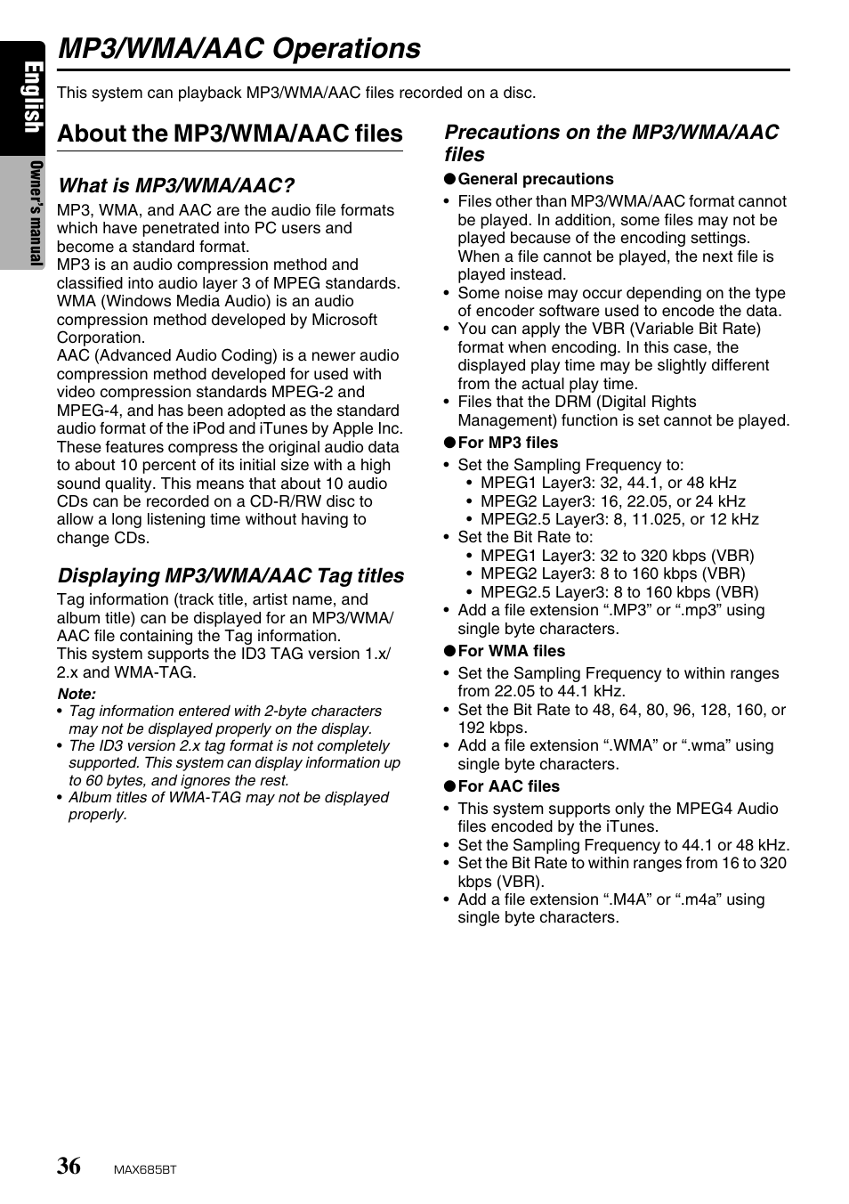 Mp3/wma/aac operations, English, About the mp3/wma/aac files | Clarion MAX685BT User Manual | Page 38 / 83