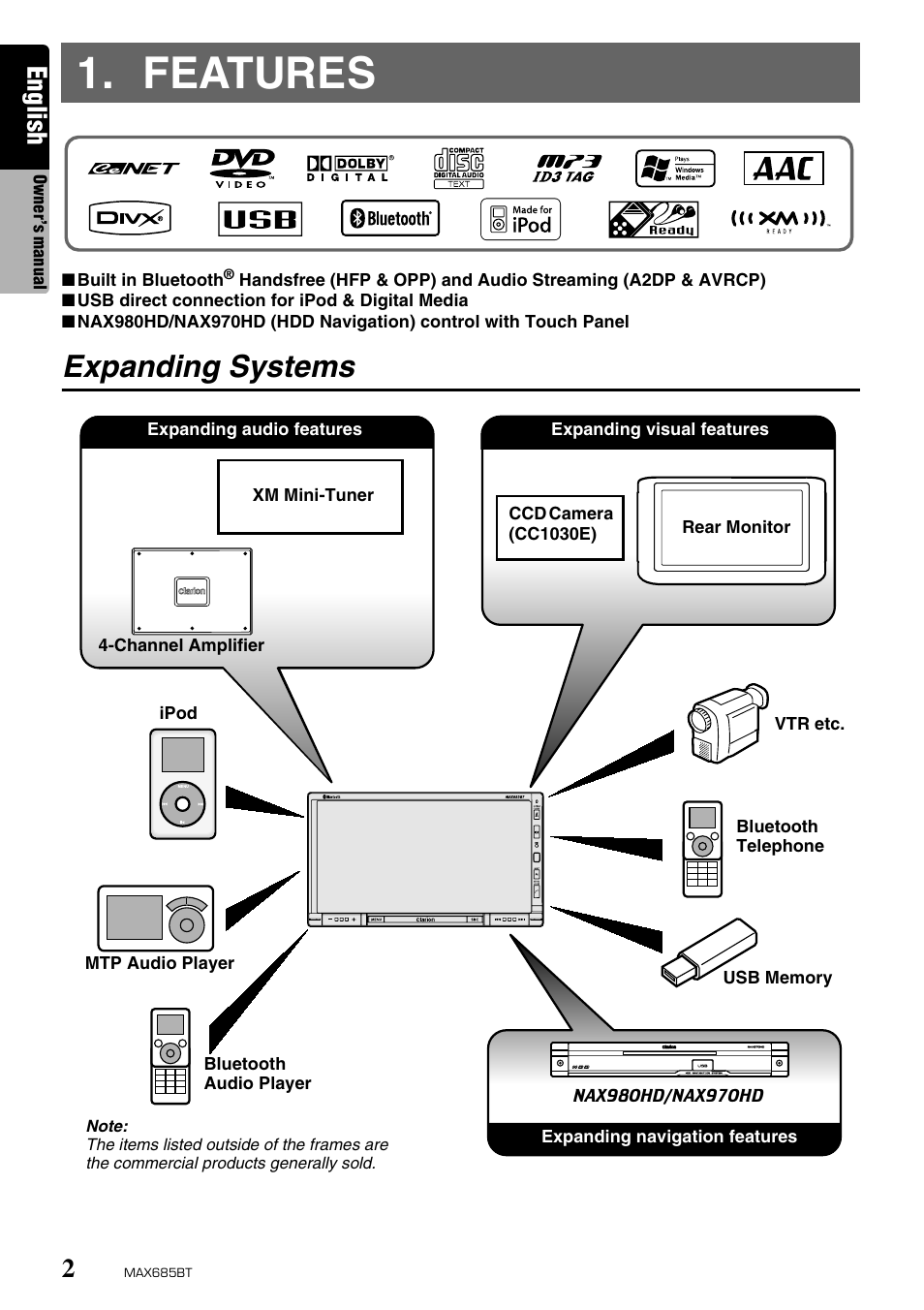 Features, Expanding systems, English | Clarion MAX685BT User Manual | Page 4 / 83