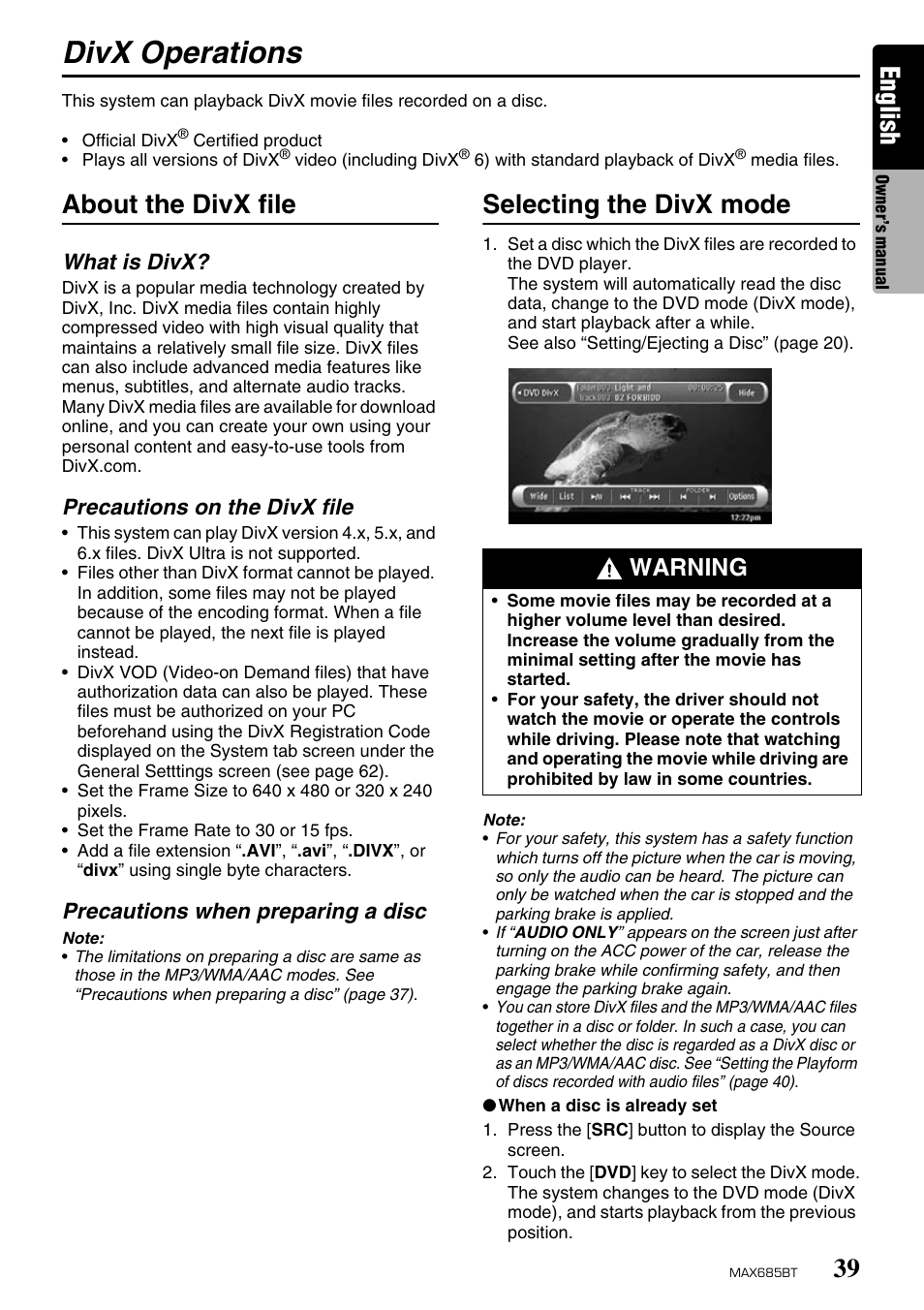 Divx operations, English, About the divx file | Selecting the divx mode, Warning | Clarion MAX685BT User Manual | Page 41 / 83